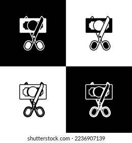 Establecer tijeras cortando icono de dinero aislado en fondo blanco y negro. Icono de precio, reducción de costes o reducción de precios.  Vector