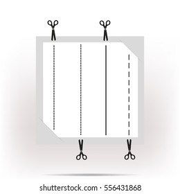 Set of scissors cutting the paper by the different lines