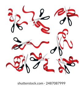 Set of scissors cutting red ribbon collection, Red scissors cut ribbon realistic, traditional ritual before launching new business, campaign, Grand opening banner concept illustration.