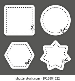 Set of scissors cutting a white shapes and lines on black background. Cut coupon. Vector illustration.