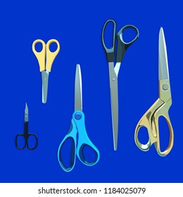 A set of scissors of different size, color and purpose. For needlework for sales, for cutting, for paper applications, and for nail scissors. For sewing and creativity. 