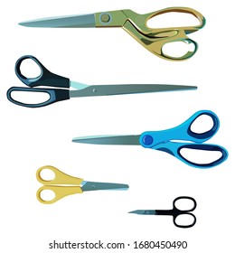 A set of scissors of different size, color and purpose. For needlework for sales, for cutting, for paper applications, and for nail scissors. For sewing and creativity. 