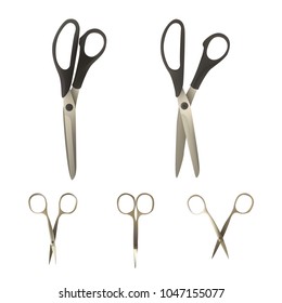 A set of scissors of different types. Vector illustration. Tailor, for manicure and pedicure, for paper and office.