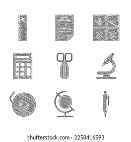 Set Scissors, Earth globe, Pen, Microscope, Ringing alarm bell, Calculator,  and Ruler icon. Vector