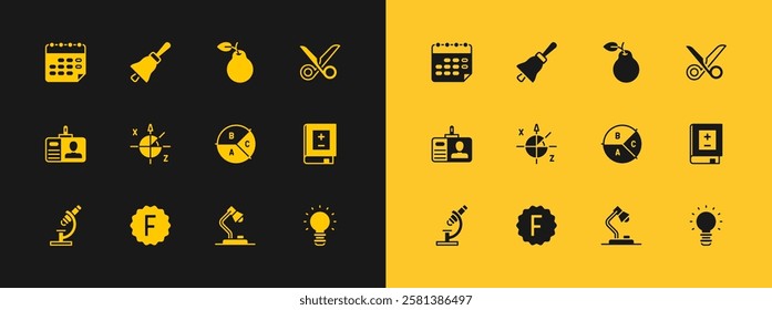 Set Scissors, Exam paper with incorrect answers, Pie chart infographic, Table lamp, Trigonometric circle, Pear, School timetable and Ringing bell icon. Vector