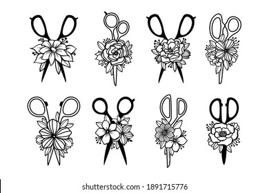 Set of scissors with flower decorations