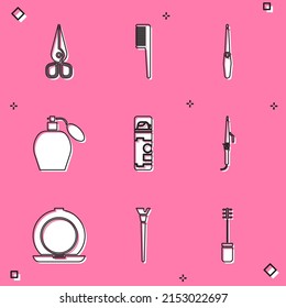 Set Scissors, Hairbrush, Nail file, Perfume, Shaving gel foam, Curling iron, Makeup powder with mirror and  icon. Vector