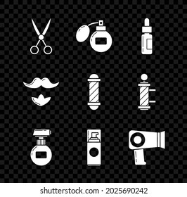 Set Scissors hairdresser, Aftershave, Glass bottle with pipette, Cream lotion cosmetic tube, Shaving gel foam, Hair dryer, Mustache and beard and Classic Barber shop pole icon. Vector
