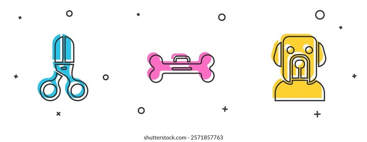 Set Scissors hairdresser, Dog bone and  icon. Vector