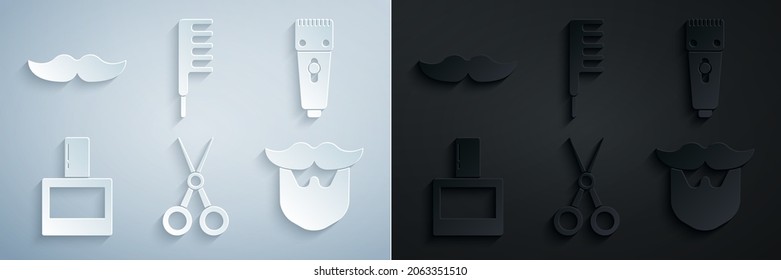 Set Scissors hairdresser, Electrical clipper shaver, Aftershave, Mustache and beard, Hairbrush and  icon. Vector