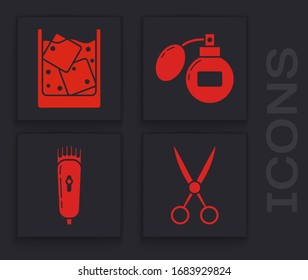 Set Scissors hairdresser, Glass of whiskey and ice cubes, Aftershave and Electrical hair clipper or shaver icon. Vector