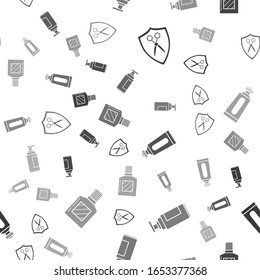 Set Scissors hairdresser and shield, Cream or lotion cosmetic tube, Cream or lotion cosmetic tube and Aftershave on seamless pattern. Vector