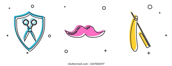 Set Scissors hairdresser and shield, Mustache and Straight razor icon. Vector