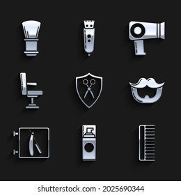 Set Scissors hairdresser and shield, Shaving gel foam, Hairbrush, Mustache beard, Barbershop with razor, chair, dryer and  icon. Vector