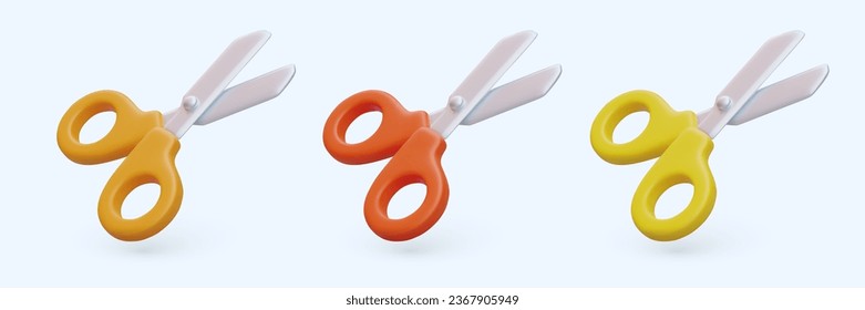 Set of scissors with handles of different colors. Tool for cutting paper, cardboard. Stationery with sharp blades. Isolated color icons. Vector realistic illustration