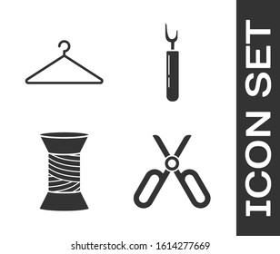 Set Scissors, Hanger wardrobe, Sewing thread on spool and Cutter tool icon. Vector