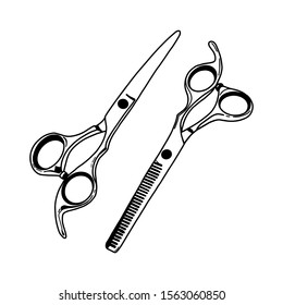 Set scissors icon isolated on white background. Hand drawn doodle tool barber. Hairdresser symbol. Vector illustration. Design logo, print, tattoo, stickers, design price list salon. Hairdresser kit.