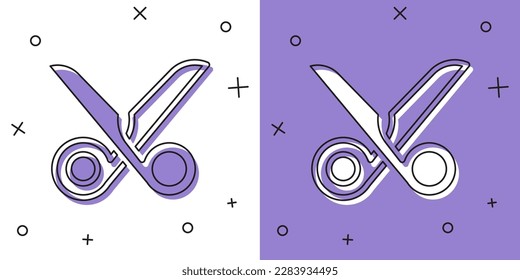Set Scissors icon isolated on white and purple background. Cutting tool sign.  Vector