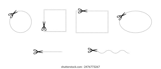 Set of scissors icons with dotted lines path. Cut here pictogram for coupons, vouchers, labels, paper pages. Simple graphic stock vector illustration isolated on white background.