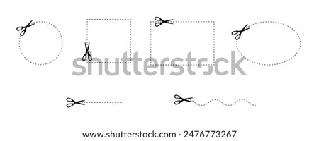 Set of scissors icons with dotted lines path. Cut here pictogram for coupons, vouchers, labels, paper pages. Simple graphic stock vector illustration isolated on white background.
