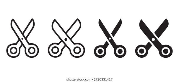 Conjunto de iconos de tijeras. contorno, relleno y silueta sobre fondo blanco.