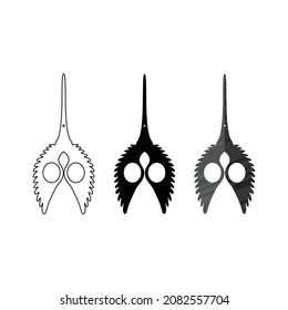 Set of scissors icons. Outlines and silhouettes of scissors with feather wings. Vector illustration isolated on a white background for design and web.