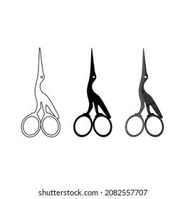 Set of scissors icons. Outlines and silhouettes of scissors with feather wings. Vector illustration isolated on a white background for design and web.