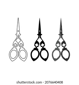 Reihe von Schere-Symbolen. Silhouetten und Umrisse von Vintage- und Scheren mit locker Schere für Nadeln und Sammeln. Vektorgrafik einzeln auf weißem Hintergrund für Design und Web.