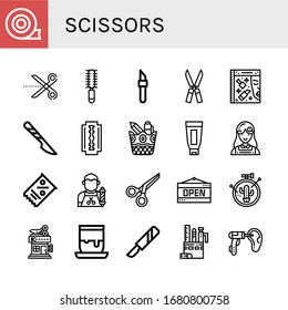 Set of scissors icons. Such as Duct tape, Scissors, Hair brush, Scalpel, Shears, Beauty, Shaving razor, Stationery, Shaving cream, Florist, Coupon, Barber, Open , scissors icons