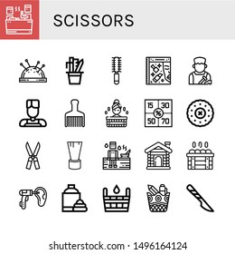 Set of scissors icons such as Sauna, Pin cushion, Stationery, Hair brush, Beauty, Shoemaker, Barber, Coupons, Embroidery, Shears, Shaving brush, Otoscope, Shaving cream , scissors