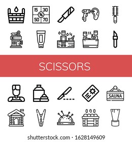Set of scissors icons. Such as Sauna, Barbershop, Coupons, Shaving cream, Scalpel, Otoscope, Hair brush, Barber, Clothespin, Pin cushion, Coupon, Shaving brush , scissors icons