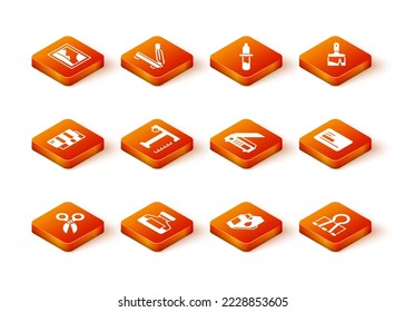 Set Scissors, Ink bottle, Pantone, Text, Printer ink cartridge, Scanner, Binder clip and Business card icon. Vector