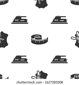 Set Scissors and leather, Tape measure and Electric iron on seamless pattern. Vector