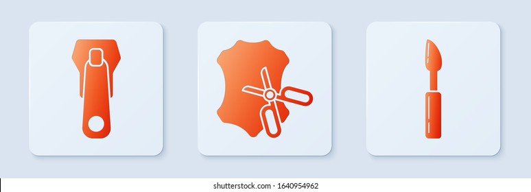 Set Scissors and leather, Zipper and Cutter tool. White square button. Vector