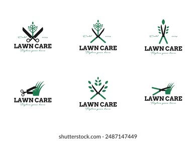 Set of scissors and leaves logo design for lawn care vector illustration template idea
