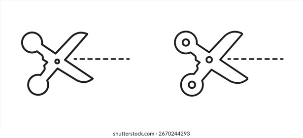 Set of scissors line icons with cutting lines, vector illustration 