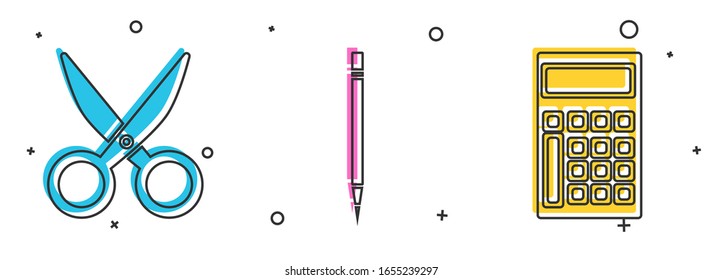 Set Scissors, Pencil with eraser and Calculator icon. Vector