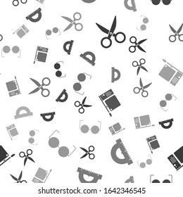 Set Scissors, Protractor grid for measuring degrees, Computer monitor with keyboard and mouse and Glasses on seamless pattern. Vector