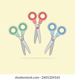 Set of scissors in red, green and blue. Office and school stationery. Art tools vector illustration.
