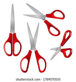 Set of Scissors with red plastic handles, open and closed, isolated on a white background. Vector illustration