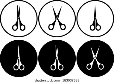 set of scissors in round frame on black and white background