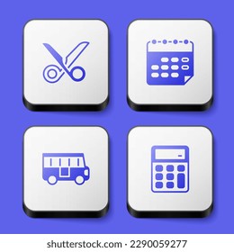 Set Scissors, School timetable, Bus and Calculator icon. White square button. Vector