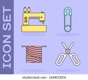 Set Scissors, Sewing machine, Knitting and Classic closed steel safety pin icon. Vector