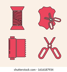 Set Scissors, Sewing thread on spool, Scissors and leather and Textile fabric roll icon. Vector