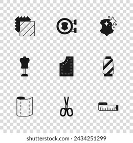 Set Scissors, Sewing thread on spool, Tape measure, pattern, Leather, Layers clothing textile,  and Mannequin icon. Vector