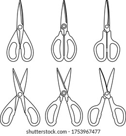 Set of scissors shears. Thin line icons