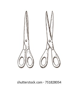 Set of scissors, sketch illustration of accessories for handicrafts. Vector