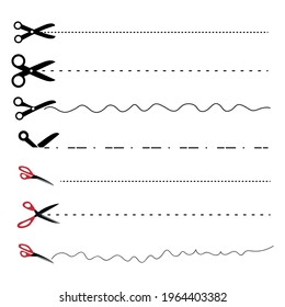 Set of scissors and stationery knife with cut lines. Scissors with cut lines, coupon cutting icon. Scissor cutting icon vector illustration. Isolated on transparent background