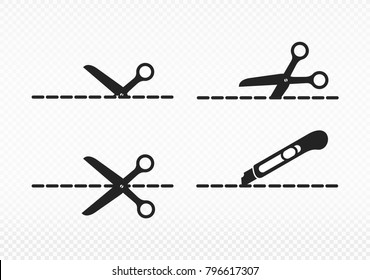 Set of scissors and stationery knife with cut lines. Scissors with cut lines, coupon cutting icon. Scissor cutting icon vector illustration. Isolated on transparent background