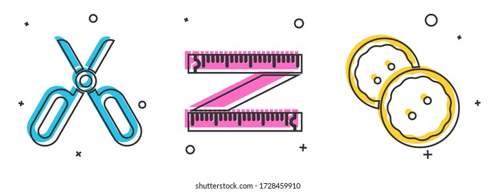 Ajuste tijeras, medida de cinta y botón de costura para el icono de ropa. Vector